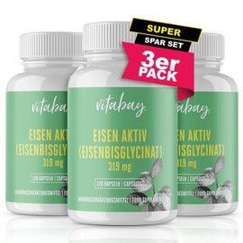 Vitabay Iron High Dose - 360 Vegan Iron Capsules (Set of 3) 319 mg Iron Bisglycinate - Iron Tablets High Dose Iron Preparations - Iron Tablet Iron Supplement Tablet Iron Natural Tablets