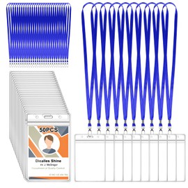 Diealles Shine Pack of 50 ID Cases with Ribbon, Card Case, ID Holder, Waterproof Transparent Card Holder with Strap for Business Trade Fairs Schools (Blue)