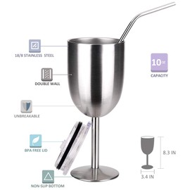 Stainless Steel Wine Glasses(2 Pack).Double Walled Vacuum Insulated Wine Tumbler Cups With Lid and Straw.Friendship,Christmas,Birthday Gifts for Women Men Friends Dad Mom(10oz Stainless steel)
