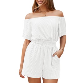 Fixmatti Off Shoulder Romper for Women Strapless One Piece Mini Shorts Jumpsuit with Pockets White M