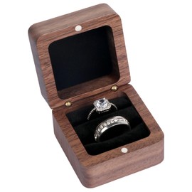Wooden Engagement Ring Box With 2 Slots, Square Wedding Holder for Proposal, Ceremony (Black Inner Without Window)