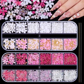 editTime editTime 3D Colorful Flower Nail Art Charms, White Pink Acrylic Cherry Blossom Spring Petal Metal Gold Silver Round Caviar Beads Studs Pearl Rhinestones for Manicure Craft DIY (13-K4-pink White)