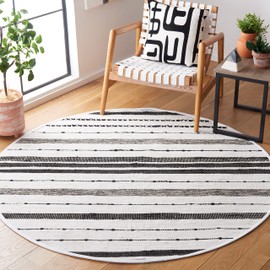 SAFAVIEH Striped Kilim Collection Area Rug - 6' Round, Ivory & Black, Flat Weave Tassel Fringe Cotton Design, Easy Care, Ideal for High Traffic Areas in Living Room, Bedroom (STK201A)