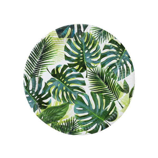 Talking Tables Pack of 12 Tropical Paper Plates - Palm Leaf Disposable Tableware for Kid's Jungle Party, Hawaiian Theme, Summer Luau, Green