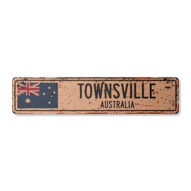 TOWNSVILLE Australia Vintage Plastic Street Sign Australian Flag City Country Road Wall Gift | Indoor/Outdoor | 30" Wide