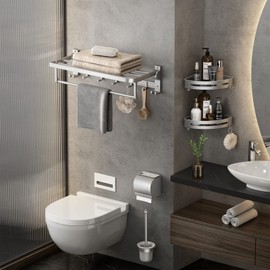 VOLPONE 24 Inch Towel Rack with Towel Bar Holder Foldable Towel Shelf with Movable Hooks Rustproof Towel Storage Wall Mount for Bathroom Lavatory Silver