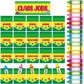 81PCS Crayon Class Jobs Bulletin Board Crayons Theme Classroom Jobs Pocket Chart Set Teacher's Helper Chalkboard Decor Colorful Crayon Cutouts for Back to School Teachers Students Wall Door Decoration