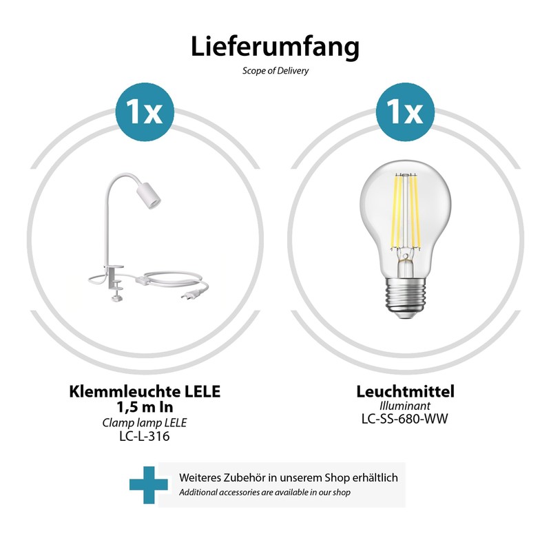 ledscom.de LELE Clamp Light with Gooseneck White with E27 Lamp