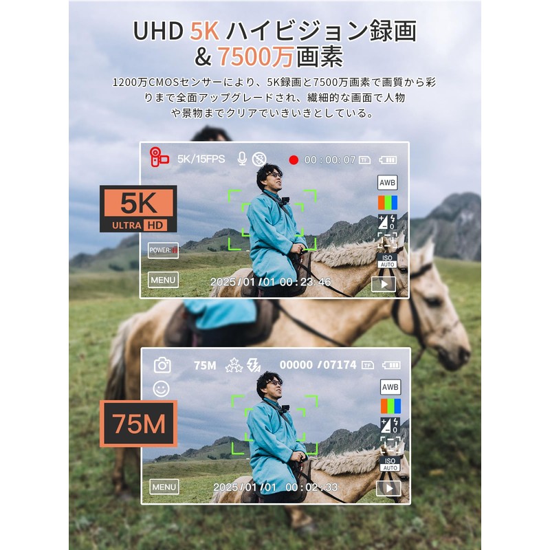 AiMike 5K デジカメ スマホに送れる デジタルカメラ WIFI転送機能 7500万画素 180度回転可ディスプレイ 64GBマイクロSDカード付き 18倍デジタルズーム