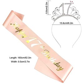 LATRAT 17th Birthday Crystal Tiara Crown with Birthday Sash Crown, Birthday Crystal Tiara Crown for Girls Birthday Gift Party Birthday Party Decoration Accessories - Rose Gold