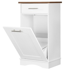 HOOBRO 10 Gallon Tilt Out Trash Cabinet, Kitchen Trash Can,Trash Bin Storage, with Flip Door and Large Drawer, Hidden Laundry Hamper Cabinet, for Kitchen, Laundry, White and Walnut WH02LJ01