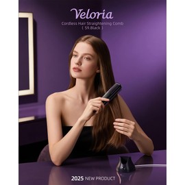 VELORlA Cordless Hair Straightener Comb with Charging Dock & LED Display - Portable 2-in-1 Travel Straightener Brush with 200M lons, 3 Temps 320-392'F, Anti-Frizz Hair Styler, Gift for Women (Black)