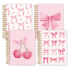 FYSUIMU 4 Packs Pink Bow Spiral Journal Notebook A5 Preppy Cherry Bowknot Coquette College Ruled Notebook Strong Twin-Wire Binding with 160 Pages Paper for Home Office Classroom