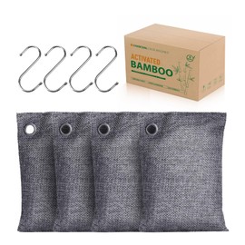 KUNTE Activated Charcoal Air Purifying Bags (4x200g) with Hooks - Natural Odor Absorber for Home, Closet, Car, Pet Areas - Musty Basement & Strong Smell Eliminator, Bamboo Charcoal Deodorizer