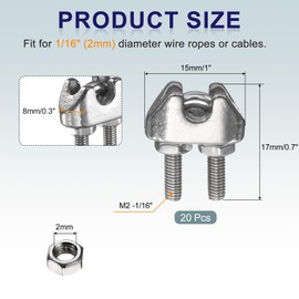 sourcing map 20 Pcs M2 Stainless Steel Wire Rope Clip Clamps, 1/16" Wire Rope U-Bolt Cable Clamps Saddle Fastener for Wire Rope Rigging Tent Rope Guardrail System