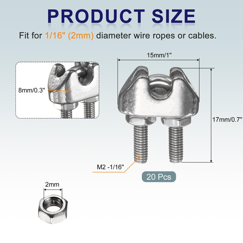 sourcing map 20 Pcs M2 Stainless Steel Wire Rope Clip