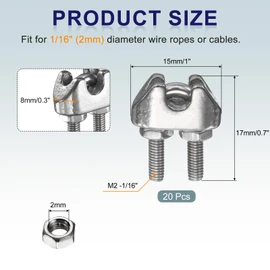 sourcing map 20 Pcs M2 Stainless Steel Wire Rope Clip Clamps, 1/16" Wire Rope U-Bolt Cable Clamps Saddle Fastener for Wire Rope Rigging Tent Rope Guardrail System