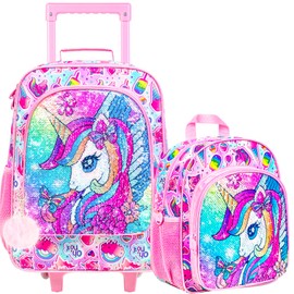ZLYERT 2Pcs Kids Suitcase for Girls, Carry on Rolling Luggage with Wheels, Unicorn Sequin Travel Suitcases Set with Toddler Backpack(Pink)