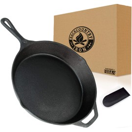 Backcountry Cast Iron Skillet(10 Inch Medium Frying Pan + Cloth Handle Mitt, Pre-Seasoned for Non-Stick Like Surface, Cookware Oven / Broiler / Grill Safe, Kitchen Deep Fryer, Restaurant Chef Quality)