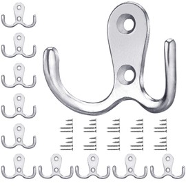 Gorffy Door Hooks 10 Pcs, Double Coat Hooks with 40 Screws, Retro Silver Coat Hooks for Door & Wall, Heavy Duty Metal Door Hooks Screw in for Hanging Robe, Towel, Coat, Bag & Hat (Silver, 10 Pcs)