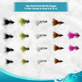Feeder Creek Flies for Fly Fishing: Bead Head Woolly Bugger Assortment, 36 Trout, Bass & Streamer Flies, 5 Color Variety