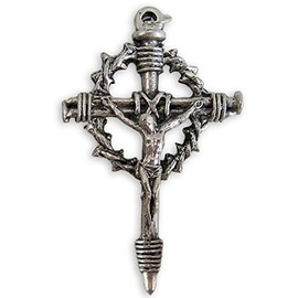 Religious Gifts Silver Toned Base Crown of Thorns Nails of The Cross Crucifix Pendant, 2 1/4 Inch
