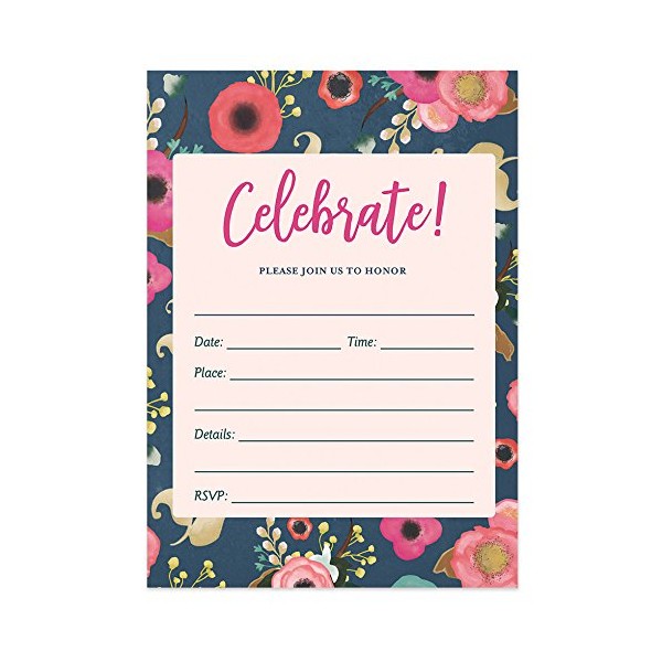 DB Party Studio Whimsical Navy Floral Invitations with Envelopes (Pack of 25) Large 5x7" Fill In Birthday, Graduation, Bachelorette, Anniversary Party, Bridal Shower Any Occasion Invites VI0045B