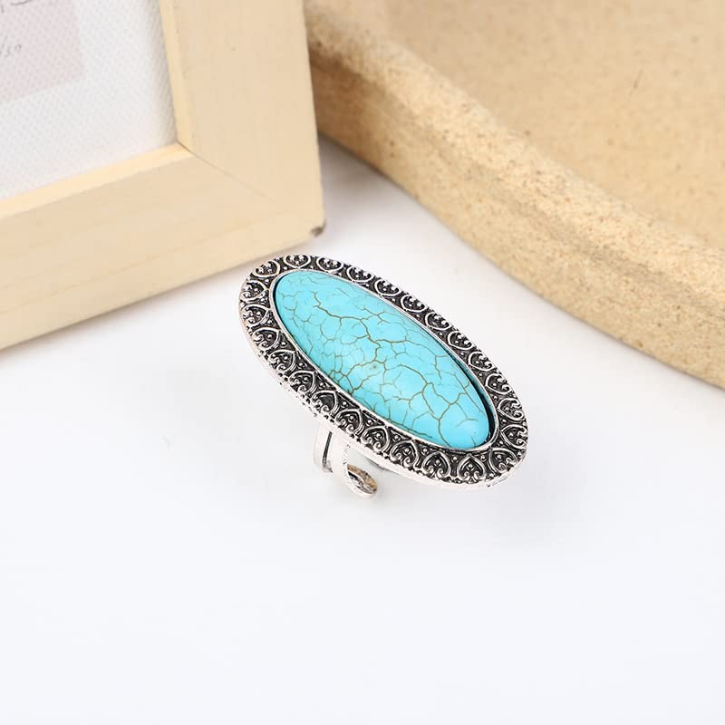 LRGKMCWTOB Vintage Diamond Court Crown Pattern Turquoise Ring Natural Bohemia