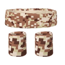 QUARKZMAN Sweatband Set, Sporty Terry Cloth Headband, Wrist Band Set, 22 x 5 cm, Sweat-Absorbing Headband for Women, Men, Workout, Exercise (Checked Camouflage Pattern Brown/Khaki)