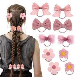 10Pcs Bow Hair Ties, Pink Cute Bowknot Ribbon Scrunchies Elastic Flower Hair Ties No Damage Rubber Ponytail Holders for Toddlers Baby Girls