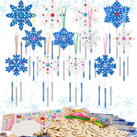 Pack of 12 Snowflake Wind Chime Craft Sets Children's Wood, Painting Craft Set Children's Birthday, Wind Chime Craft Children from 3 4 5 6 Years, Creative Sets for Children Birthday, Party Christmas