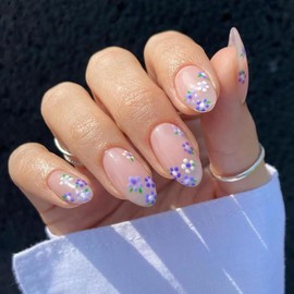 Flower Press on Nails Medium Length, Almond Shape Nude Artificial Fake Nails Set, Acrylic Fingernails False Nails with Blue Purple Floral Designs, Full Cover Reusable Flower Fake Glue Nails for Women