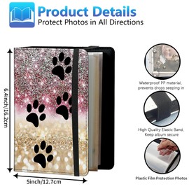 BREIDMKFM Photo Album 4x6 120 Photos Small Capacity PU Leather Cover, Black Dog Paw Sparkles Mini Photo Album 4x6 with Elastic band, Birthday Christmas Photo Albums Wedding Anniversary