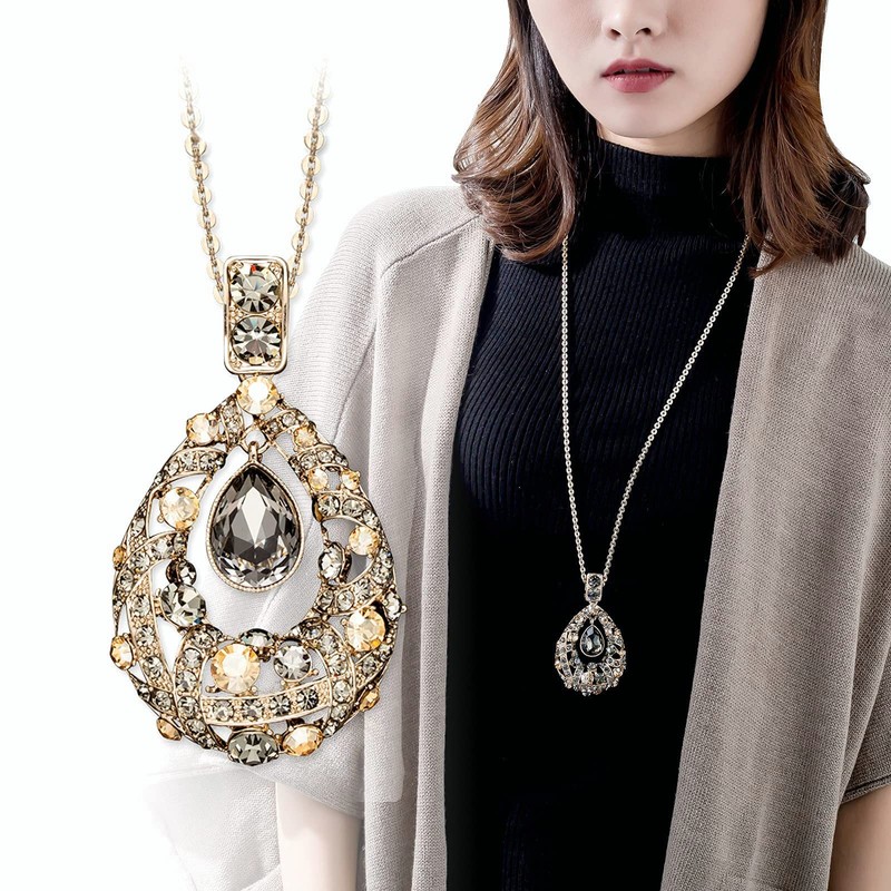 Qlady Long Pendant Necklace Sweater Chain Droplet Statement Necklace Jewelry