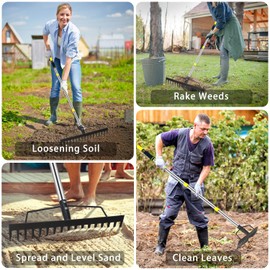 5.4FT Heavy Duty Garden Bow Rake with Stainless Steel Handle, 17 Tines Metal Head for Soil Loosening, Leaf Gathering, and Lawn Leveling (Black+Metallic Silver)