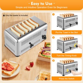 6 Slices Commercial Toaster Bread Baking Machine, Stainless Steel Toaster for Restaurant and Home Kitchen, 1-5 Minute Timing Pop-Up Electric Toaster 1680W Breakfast Bread Making Tool