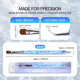 Ivy L 2- Way French Gel Acrylic Nail Art Kolinsky Brush with Dotting Tool for Professional Manicure Cuticle Clean up Nail Art Design (Size # 12, Blue Marble)