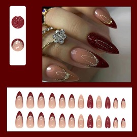 French Tip Press on Nails Almond Wine Red Medium Fake Nails with Gold Glitters Design Full Cover Reusable Artificial Acrylic Glossy False Nails Set Women Glue on Nails Stick on Nails for 24 Pcs