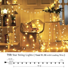 Elavika 75ft Star String Lights Plug in, 150 LED Hanging Lights for Bedroom with Remote, Waterproof 8 Modes Fairy Lights for Classroom Indoor Outdoor Tree Room Tent Decor, Warm White