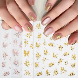 JFIYUOMCI 4 Sheets Flower Nail Stickers for Nail Art, Gold Floral Leaf Butterfly Nail Art Stickers, Self-Adhesive Metallic Nails Art Design Decals for Women Girls DIY Accessories Nails Supplies