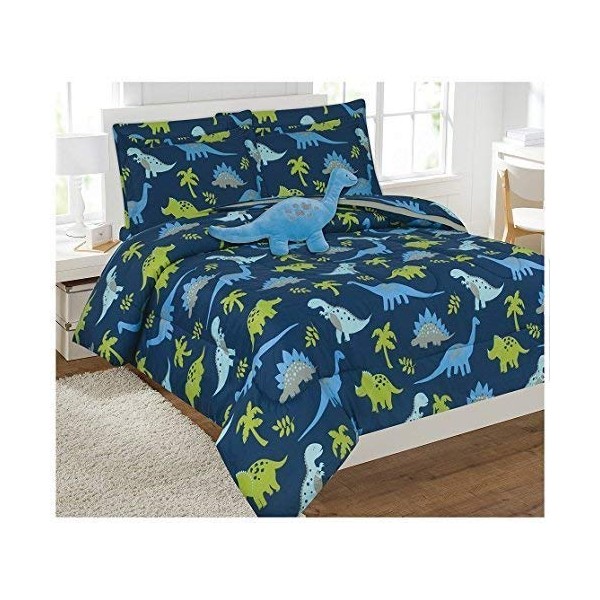 Elegant Home Multicolor Dark Blue Green Dinosaurs Design Comforter Bedding Set for Boys / Kids Bed in a Bag with Sheet Set & Decorative Toy Pillow # Dinosaurs Blue (Queen Size)