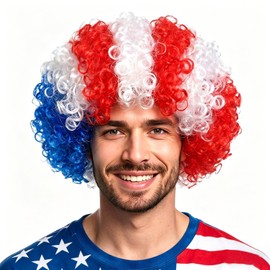 4th of July Afro Wig Men Women Short Fluffy 2026 Sports Fans Funny Colorful Cosplay National Color Party Wigs (USA)