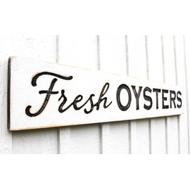 FRESH OYSTERS Sign -Carved- Large Coastal Seafood Decor - Nautical Wall Art - Artisan Craftsmanship - 48x8 Inch