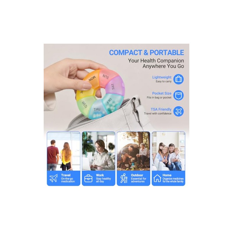 Portable Round Weekly Pill Box 7 Day Dosset Box, Multicolor