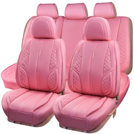 CAR PASS Nappa Pink PU Leather Car Seat Covers Full Set Cute for Women Waterproof Cushioned,Universal Fit for Sedan SUV Pick-up Truck,Automotive, Anti-Slip Front and Backseat Luxury Premium (Pink)