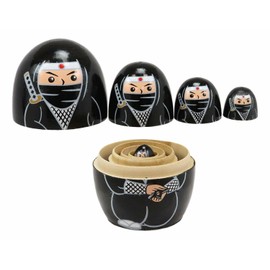 Ebros Gift Black Japanese Ninja Chibi Warrior Wooden Stacking Nesting Figurines 5 Piece Set Hand Painted Wood Decorative Collectible Matryoshka Sculptures Christmas Housewarming Mother's Day Birthday