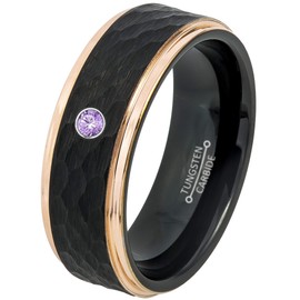 0.07ct Amethyst Tungsten Ring - February Birthstone - 8MM Two-Tone Black Hammered Center Rose Gold IP Stepped Edge Comfort Fit Unisex Wedding Anniversary Band -11