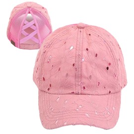 Funky Junque Women's Distressed Trucker Hat with Crisscross Ponytail Holes Messy Bun Ball Cap for High Bun - Cotton Eyelet - Rose