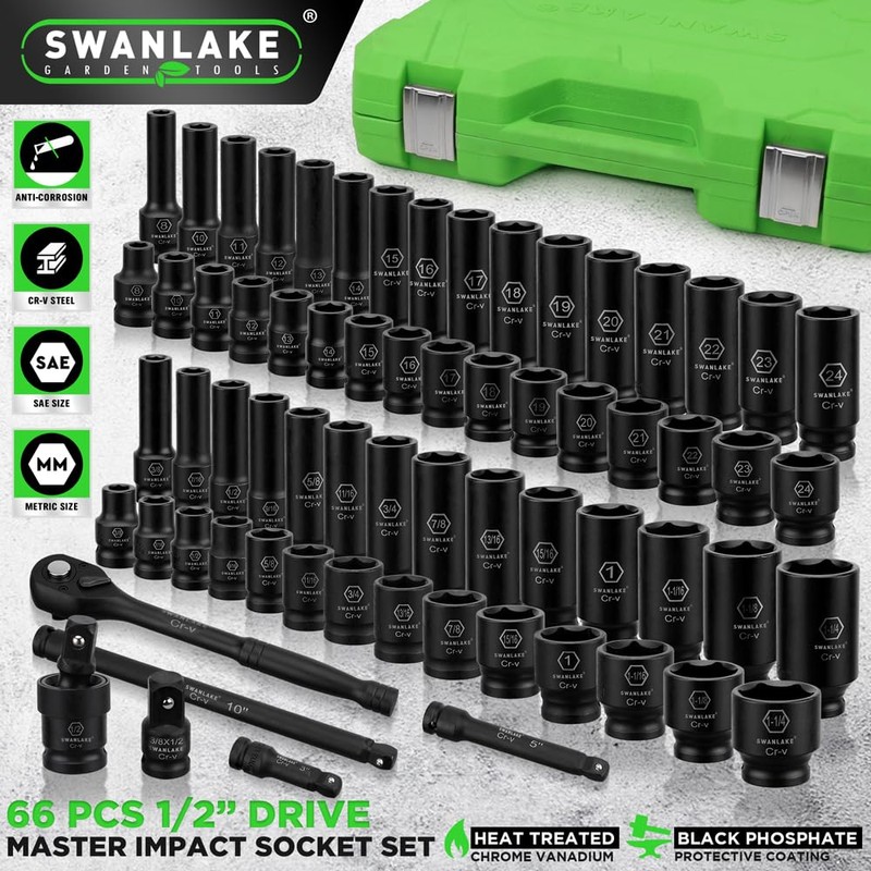SWANLAKE 1/2" Drive Impact Socket Set, 66-Piece Standard SAE (3/8"-1-1/4")