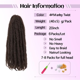 Auxemuen Marley Twist Braiding Hair Senegalese Twsit Hair Cuban Twist Hair Afro Kinky Curly Twist Crochet Hair Synthetic Hair Extensions for Women (4#, 20 Inch (Pack of 6))